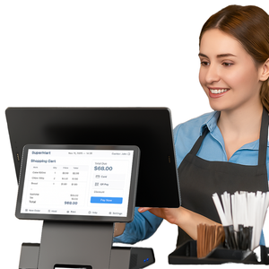 เครื่องบันทึกเงินสด POS แบบสัมผัสหน้าจอคู่ขนาด 15.6 และ 14 นิ้ว ตัวเครื่องบางเฉียบทำจากอะลูมิเนียม สำหรับซูเปอร์มาร์เก็ต ร้านค้าปลีก ร้านกาแฟ ร้านอาหาร รุ่น RS609 หน้าจอคู่ - Product Image 1