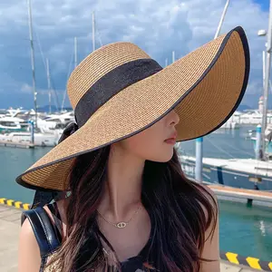 Sombrero de playa de ala ancha de papel para mujer de estilo bohemio, sombrero con lazo, sombrero liso personalizado para mujer, sombrero de paja para el sol de verano para mujer