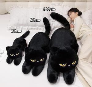 Oreiller en peluche chat noir moelleux de 60 cm, long chat <span class=keywords><strong>gris</strong></span> couché sur du coton PP, cadeau pour les filles - Product Image 1