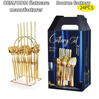 Ensemble de couverts portugais en acier inoxydable OEM/ODM Dingyong Factory, doré, 24 pièces, couteau, fourchette, cuillère, poli miroir, 410, coffret cadeau pour les fêtes
