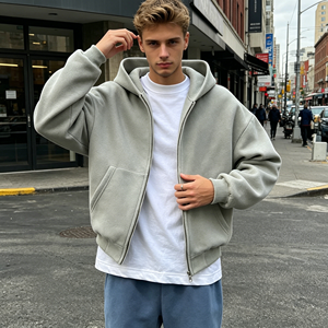 Sudadera con capucha para hombre, personalizada, holgada, de hombros caídos, con doble cremallera, de algodón lavado liso, con logotipo personalizado, estilo urbano - Product Image 1