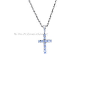 Classic Small Solid Blue CZ <b>Cross</b> Pendant Necklace, Men's Hip Hop Sea Blue Zirconia Jewelry - Product Image 5
