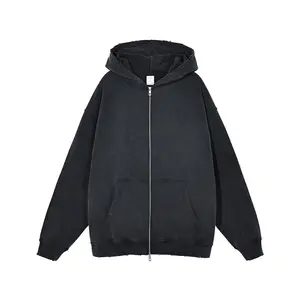 Yüksek sokak moda % 420 Terry pamuk Zip Up yıkanmış Vintage yıpranmış yıkanmış kazak Hoodie