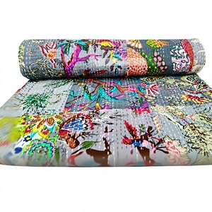 Handmade Indian Floral Printed Kantha Quilt Organic Cotton Traditional Home Decor All Season Green White Pattern - Product Image 1