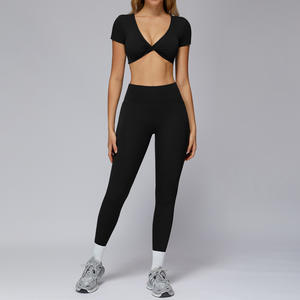 Nouvel ensemble de yoga ajusté à séchage rapide, <span class=keywords><strong>soutien</strong></span>-<span class=keywords><strong>gorge</strong></span> de sport à manches courtes, débardeur et leggings, ensemble de course et de sport pour femmes - Product Image 3