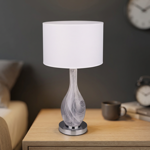 Modern Electric Living Room Table <b>Lamp</b> Inno Casa Decorative PT24113 E26/E27 Grey Glass Plated Chrome Metal White Linen Shade - Product Image 2