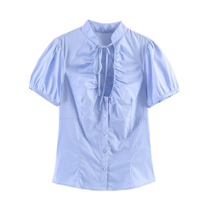 <span class=keywords><strong>Camicia</strong></span> Elegante da <span class=keywords><strong>Donna</strong></span> con Fiocco in Popeline, Manica Corta, Vestibilità <span class=keywords><strong>Slim</strong></span>, Colletto Rovesciato, Blusa Casual Personalizzabile OEM con Bottoni - Product Image 3