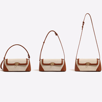 Tas Selempang Wanita Kanvas Warna-Blok Dua Warna Sambungan Vintage dengan Tutup dan Tali Pengikat yang Dapat Disesuaikan, Aksen Kulit PU, untuk Sehari-hari