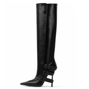 Big Size 44 Women's Back Metal Buckles <b>Long</b> Boots Slim High-Heeled Pointed Toe Knee High Booties Straight Upper on Shoes - Product Image 5