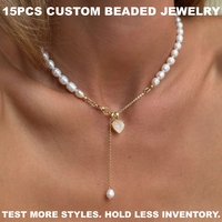 Lot de 15 colliers personnalisés en perles d'eau douce et or 18 carats, avec chaîne trombone, collier ras-du-cou en Y, élégant collier trèfle et cœur en perles pour marque privée