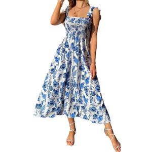 Robes longues décontractées sans manches à col halter, style bohème vintage ethnique à imprimé floral, de qualité supérieure, personnalisées pour femmes - Product Image 1