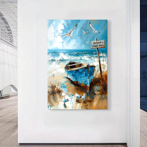 1 pieza de pintura de naturaleza muerta impresa barco enmarcado y gaviotas en <span class=keywords><strong>la</strong></span> playa para <span class=keywords><strong>la</strong></span> decoración del hogar o <span class=keywords><strong>la</strong></span> tienda - Product Image 2