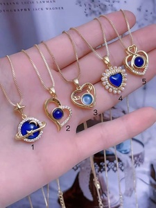 Galaxy Heart Blue Gem Pendant Colliers Blue Stone <span class=keywords><strong>Planet</strong></span> Moon Charms Pendant 18k Gold Plating Brass Jewelry for Women Girls - Product Image 2