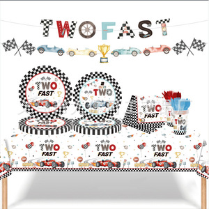 Ensemble de vaisselle jetable sur le thème de la course automobile TWO FAST pour fête d'anniversaire, 40-60 pièces, nappes, assiettes, serviettes, gobelets pour enfants - Product Image 1