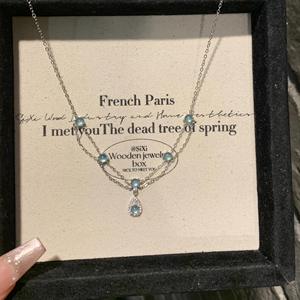 Collar de Plata de Ley S925, Lujoso y Exquisito, con Cadena de Doble Capa, Borla de Gota de Agua Azul Hielo, Collar en Capas Azul Marino de Moda - Product Image 3