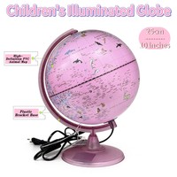 Globe terrestre lumineux rose de 10 pouces pour enfants avec carte animale, veilleuse LED, jouet éducatif de géographie pour enfants