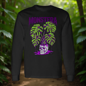 T-shirt à manches longues Monstera Skull Pot, motif végétal, col rond noir - Product Image 3