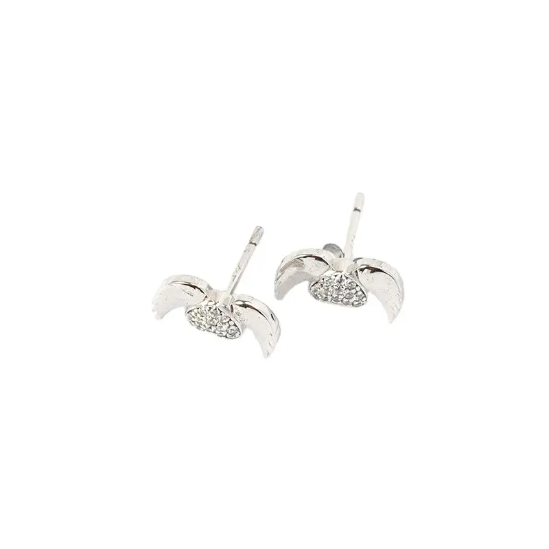 925 Silver Stud Earring Wholesale Custom Diamond Pave Heart Wing Shaped Stud Earring Women Jewelry