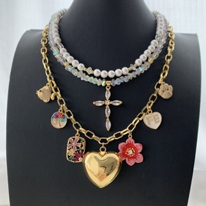 LS-C5271 שרשרת קסמיה מפוארת שרשרת פרח לב צלב שכבה כפולה מתנה קריסטל מים מתוקים - Product Image 2