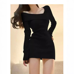 Off The Shoulder Bodycon Dress Black Long Sleeve Mini Skirt Women Autumn Winter Club Wear Simple Style Tight Fit - Product Image 1