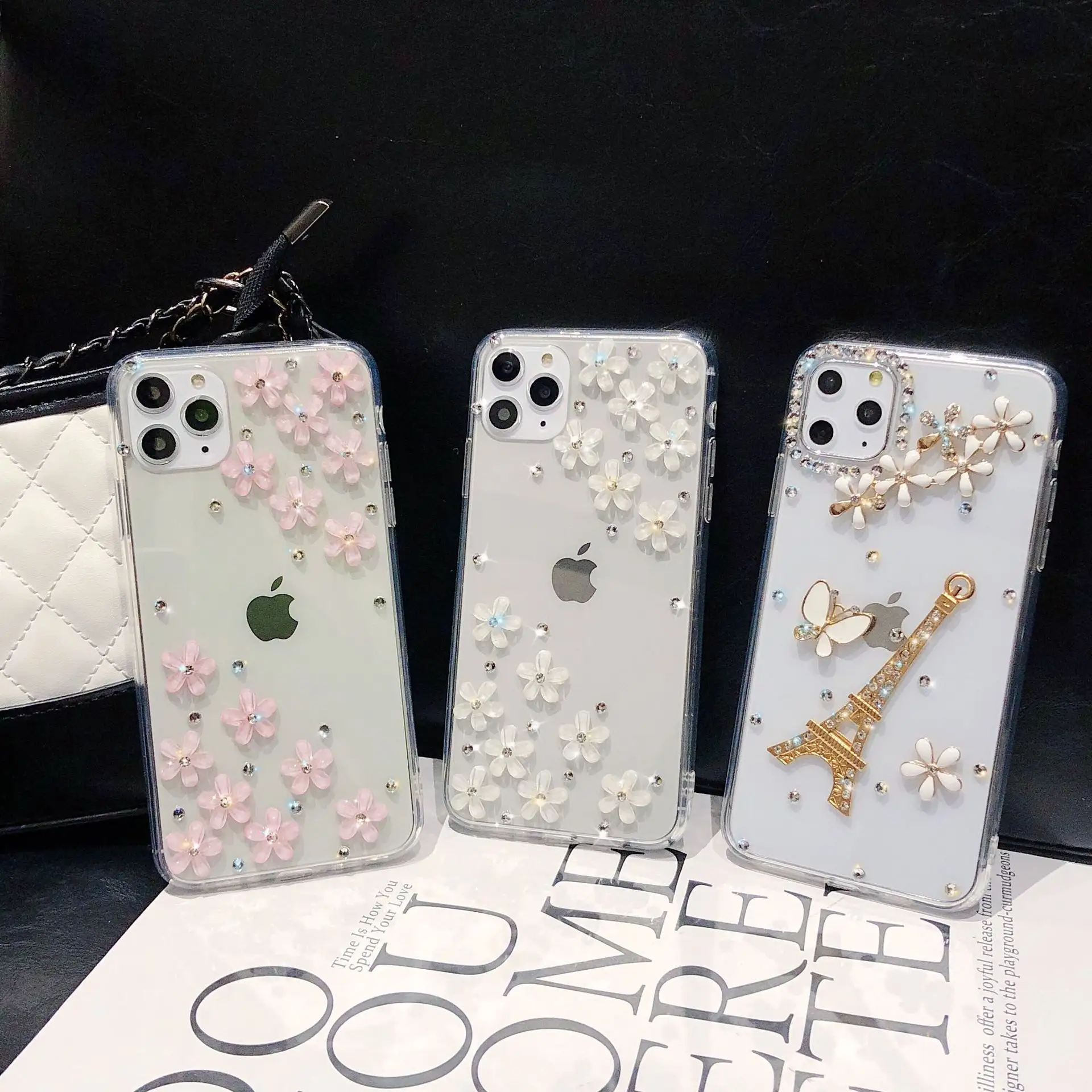 Mobile case covers for iPhone 11 pro max Bling Diamond 3D Flowers CellPhone Case for iPhone X 8 8 Plus