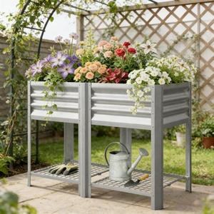 Jardinera Elevada de Acero Galvanizado con Estante de Almacenamiento, Contenedor para Plantas de Exterior Plateado - Product Image 3