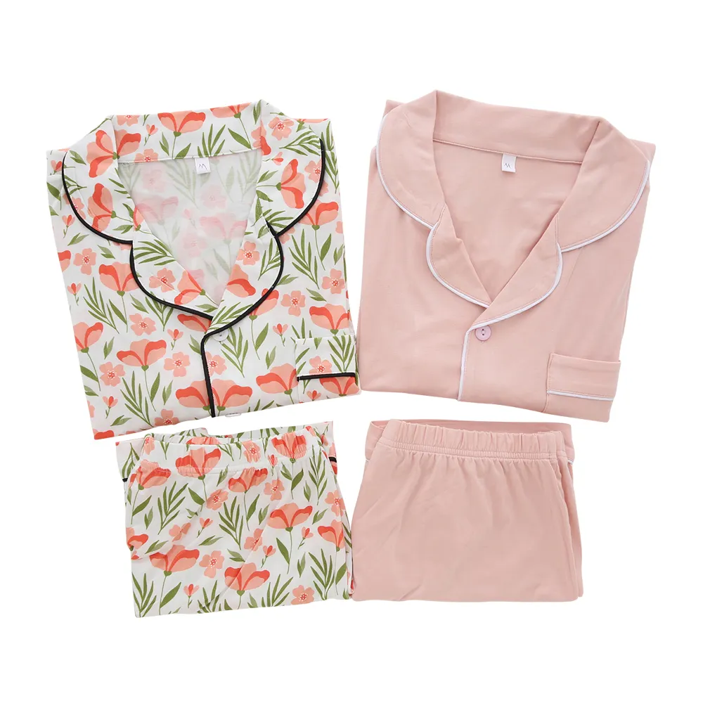 Wholesale Customized Mommy Girl Women Pajamas Set Turn-down Collar Summer Short Sleeve Tops Shorts Set Sleepwear Clothes