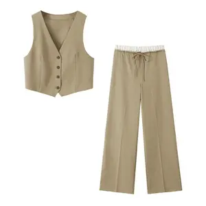 2023 women's summer new cotton linen sleeveless vest pants two-piece women's casual fashion suit