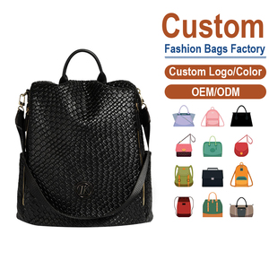 <b>Black</b> Woven Leather <b>Backpack</b> for Women, Large Capacity Soft Leather <b>School</b> Bag for Daily Commute - Product Image 1