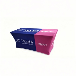 Jeté de table avec logo imprimé sur mesure Nappe de table extensible et ajustée personnalisée pour événement de salon professionnel - Product Image 1
