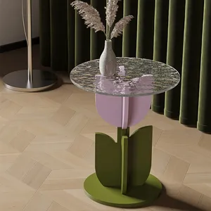Tavolino da caffè a forma di tulipano in legno massello di vetro ondulato moderno scandinavo