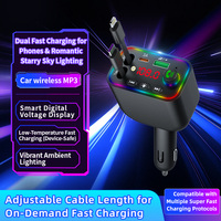 Transmisor de Radio FM para Auto, Reproductor MP3, Cable de Carga Retráctil Integrado, Doble USB Tipo C, Luz Ambiental Colorida, Cargador para Auto