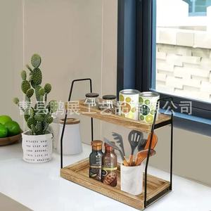 Double Layer Iron Wood Storage Rack Kitchen Organizer <b>Desktop</b> Wooden <b>Shelf</b> For Kitchenware Bathroom Vanity Storage - Product Image 1