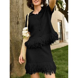 Fisoew Womens 2 Piece Crochet <b>Knit</b> <b>Set</b> Short Sleeve Button Top Fringe Skirt Casual Vacation Outfit Spring Summer - Product Image 2