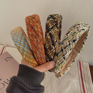 Light Luxury Autumn-Winter Senior Sense Retro Wide <b>Wool</b> Fabric Women's <b>Headband</b> 15cm Plaid Tweed Hair Accessories Wholesale - Product Image 1