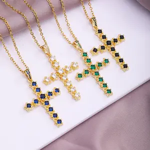 8 Colors Stainless Steel Chain Real 18K Gold Plated Colored Diamond CZ Cross Pendant Necklace Zirconia Cross Necklace Jewelry
