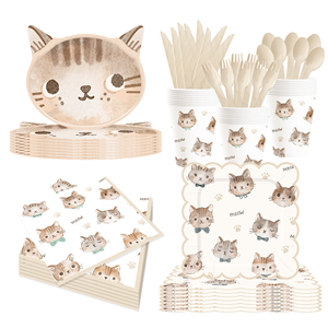 Assiettes en papier à thème chat DAMAI, marron clair, bord ondulé, gobelets en papier jetables, serviettes, fournitures de fête - Product Image 2