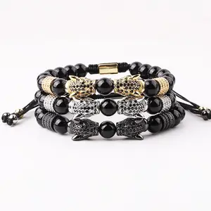 New Design CZ Leopard Men Bracelet Natural Stone Custom Bracelet Handmade Macrame Black Agate Beads Bracelet For Man JBS12631