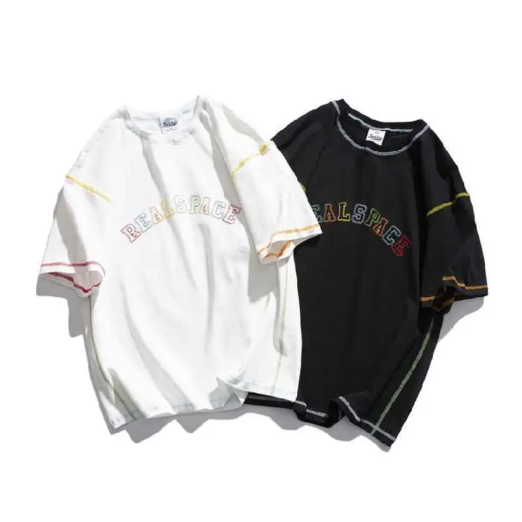 Contrast stitching oversize colorful embroidery t shirt