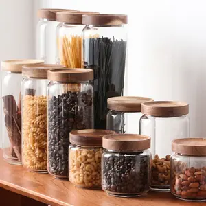 Tarro de vidrio para contenedor de almacenamiento de alimentos de 250/450 ML con tapa de madera de Acacia de nuevo diseño, frascos de almacenamiento de vidrio tapa hermética