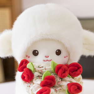 Peluche di Agnello Bianco Carino con Bouquet di Rose Viola, Morbido Pupazzo Imbottito per Bambini, Regalo di Compleanno per Fidanzata, Decorazione - Product Image 2