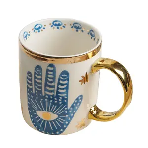 SYL Mug Keramik Motif Tangan, Peralatan Makan Keramik Pasangan, Cangkir Mug Gaya India, dengan Pegangan Emas