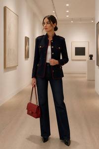 Giacca Corta da <span class=keywords><strong>Donna</strong></span>, Bottoni Dorati, Bordatura Rossa a Contrasto, Decorazione Spallina, Vestibilità Slim, Cappotto Casual - Product Image 6