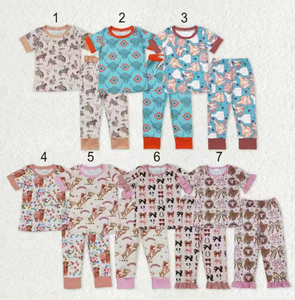 ชุดเซ็ตเสื้อแขนสั้นลายวัว ลายแอซเท็ก ลายม้า สำหรับเด็กชายและเด็กหญิง พร้อมกางเกงขายาวสไตล์ตะวันตก - Product Image 1