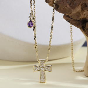 Collier croix en or 14 carats MSN-1058 avec pendentif diamant et améthyste, style religieux, bijoux unisexe - Product Image 1
