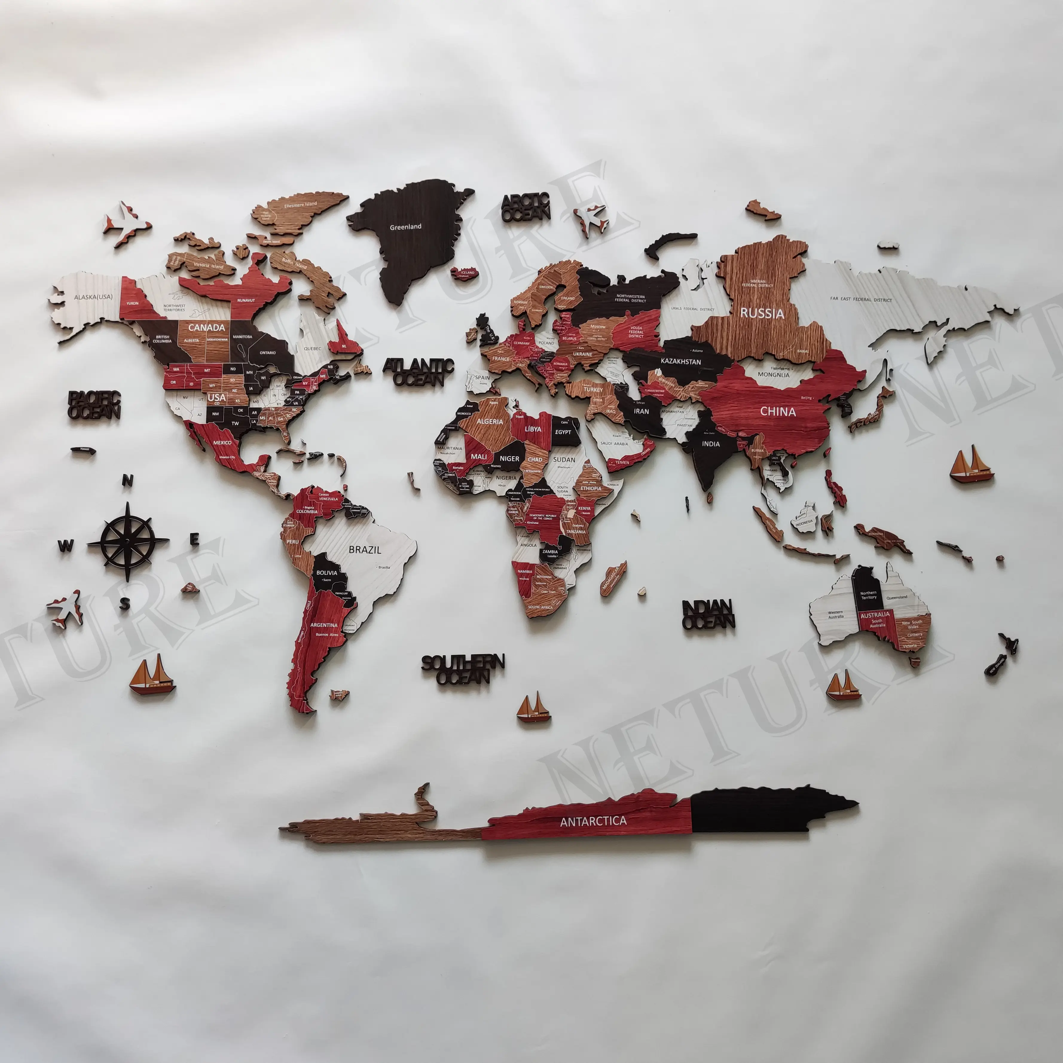 Vendita calda produttori di Neture 3D in legno mappa del mondo con luce mappa del mondo di viaggio