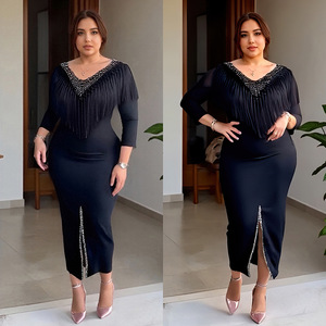 2025-Mode femmes gland robes pour la fête col en V volants manches élastique bal dame robe - Product Image 3