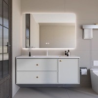 Ensemble de meuble-lavabo de salle de bain en aluminium nid d'abeille style crème, lavabo de salle de bain personnalisé avec évier intégré en pierre frittée thermoformée