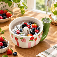 Bol de service en céramique avec poignée, motif fraise, pour salade de fruits, céréales, soupe, pour la maison, la cuisine, la vente au détail, OEM personnalisé