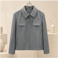 Veste utilitaire slim en peau de mouton pour femme, col pointu, fermeture éclair intégrale, vêtement extérieur en cuir avec surpiqûres décoratives, personnalisable